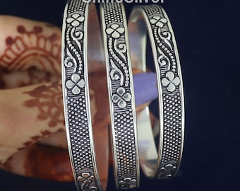 Oxidized Sterling Silver Floral Bangles, Set of 3, West Indian