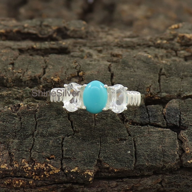 Natural Turquoise Ring, White Topaz Ring, Sterling Silver Ring, Bridesmaid Turquoise Jewelry, Rings for Women, Gift for Girls, Gift for Her image 4