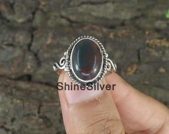 Anillo de piedra de sangre hecho a mano: piedra preciosa ovalada, plata de ley 925