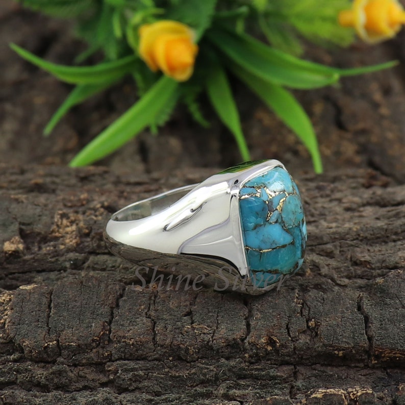 Turquoise Ring, Copper Turquoise Men Ring, Sterling Silver Signet Ring, Turquoise Signet Ring, Turquoise Statement Rings, Engagement Ring image 3