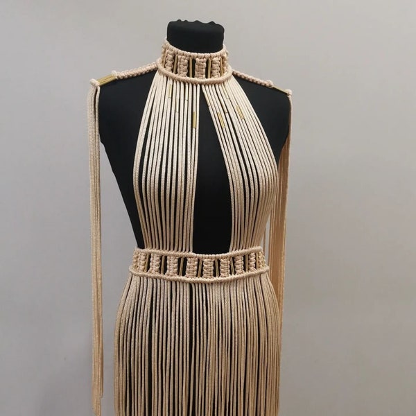 Latest Handmade Art Macrame Dress for Woman-Wedding Dress-Partywear Dresses-Womens Tops-Beach Dress-Long Fringe Dress-Boho Dress RWM04