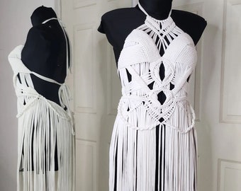 Latest Handmade Art Macrame Dress for Woman-Wedding Dress-Partywear Dresses-Womens Tops-Beach Dress-Long Fringe Dress-Boho Dress RWM14