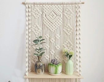 New Ornament Gift Handmade Macrame Wall Hanging-Macrame Wooden Shelf-Boho Indoor Rope Plant Hanger Holder Rope Plant Hanger