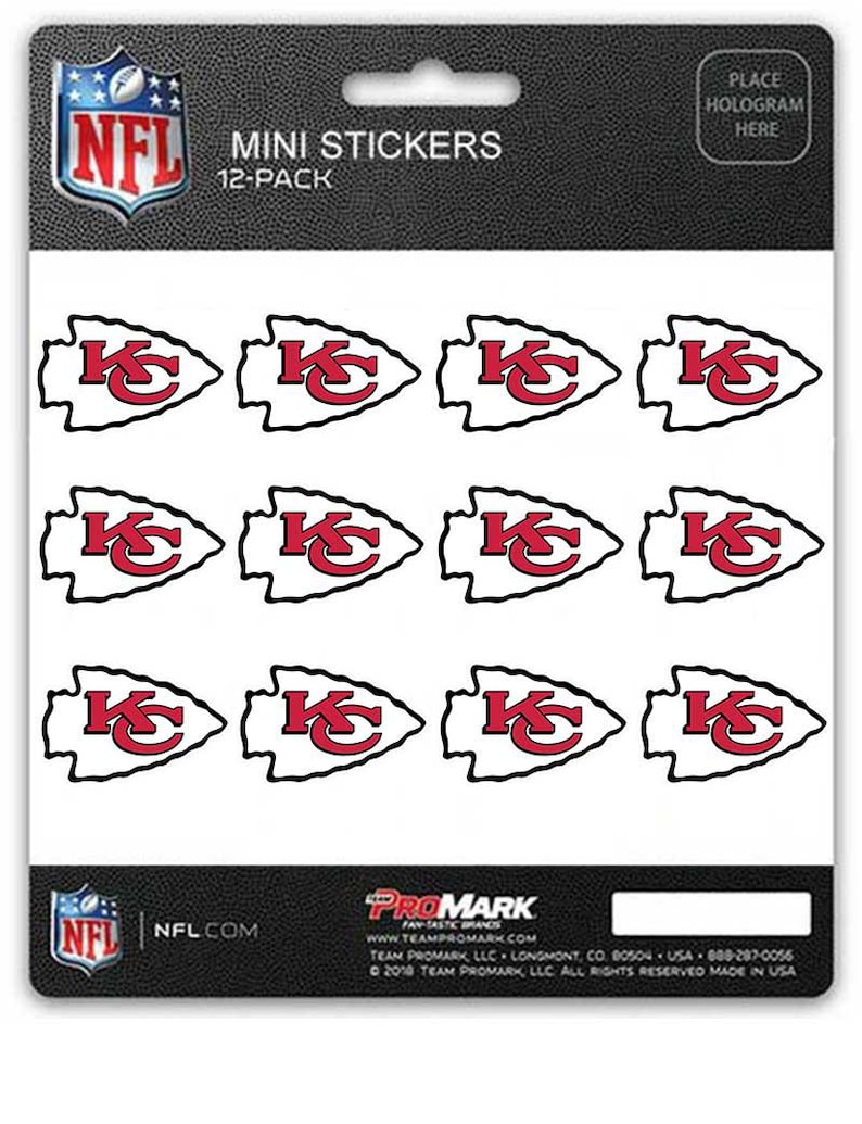 May include: A pack of 12 mini stickers with the Kansas City Chiefs logo. Each sticker is an arrowhead shape with a white outline, a red "KC" logo, and a black border. The packaging includes NFL and ProMark branding.