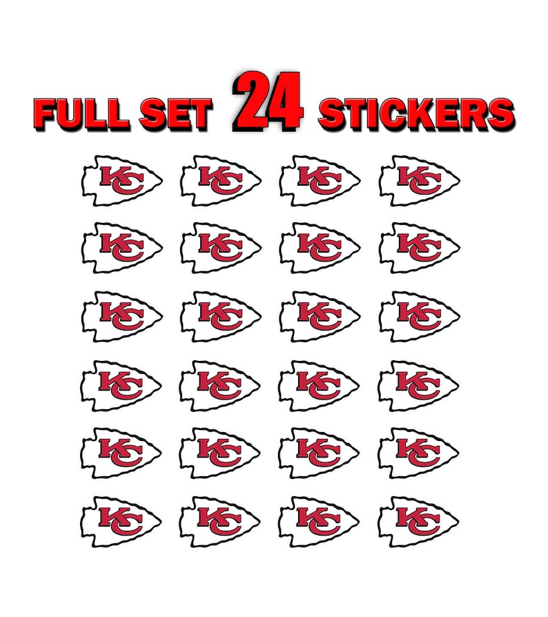 May include: A full set of 24 stickers featuring a red and white arrowhead design with the letters "KC" inside. The text "FULL SET 24 STICKERS" is displayed in red and black above the stickers.