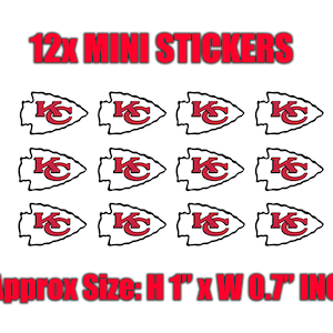 May include: Twelve mini stickers featuring the Kansas City Chiefs logo, a red arrowhead with a white outline and a red "KC" in the center. The stickers are approximately 2.5 cm high and 1.8 cm wide. The text "12x MINI STICKERS" is at the top.