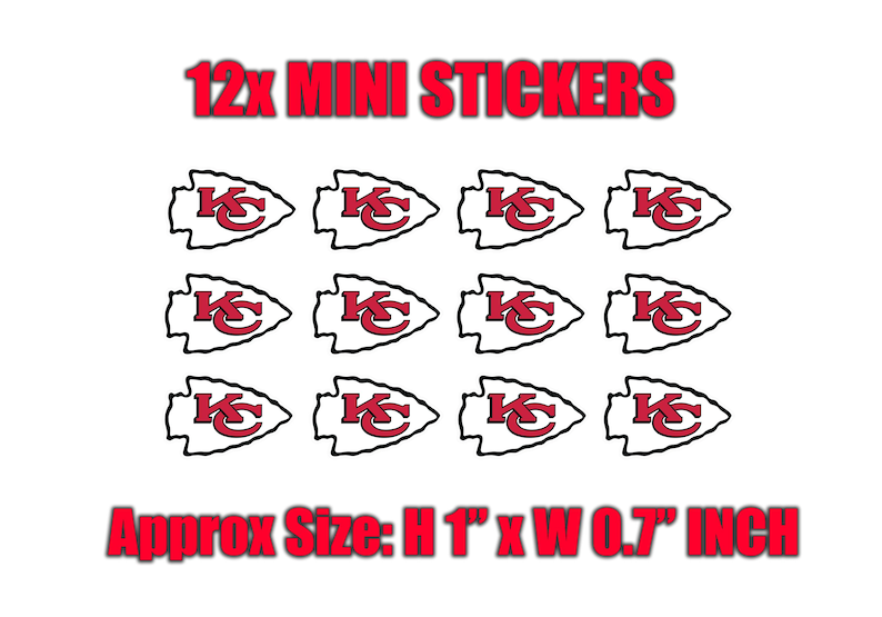 May include: Twelve mini stickers featuring the Kansas City Chiefs logo, a red arrowhead with a white outline and a red "KC" in the center. The stickers are approximately 2.5 cm high and 1.8 cm wide. The text "12x MINI STICKERS" is at the top.