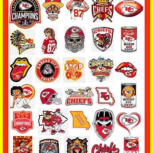 May include: A sheet of 30 stickers featuring various Kansas City Chiefs designs. The stickers include the team logo, helmets, and other graphics. Approximate sizes are 7.6 cm, 4.6 cm, and 2.5 cm. The stickers are in red, yellow, and white.
