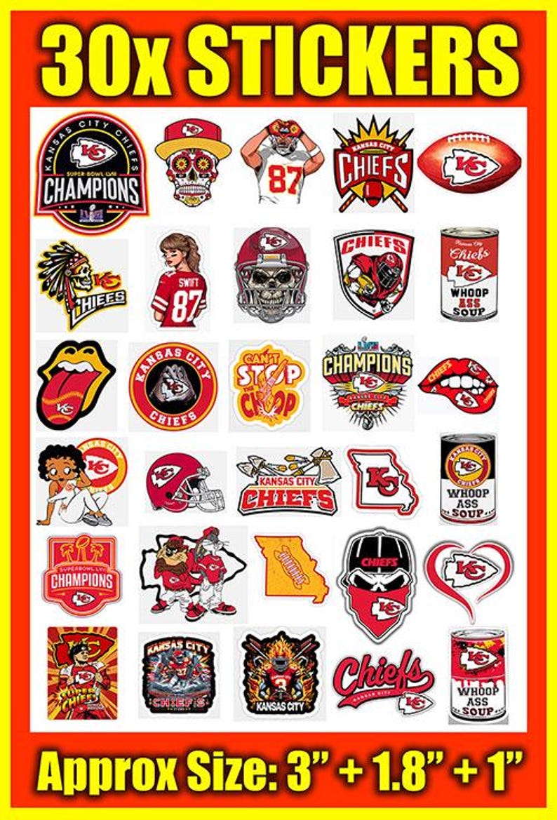 May include: A sheet of 30 stickers featuring various Kansas City Chiefs designs. The stickers include the team logo, helmets, and other graphics. Approximate sizes are 7.6 cm, 4.6 cm, and 2.5 cm. The stickers are in red, yellow, and white.