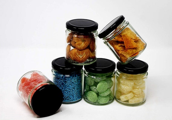 BULK LOT Small Glass Mason Jar With Black Lids 150ml Mini Round