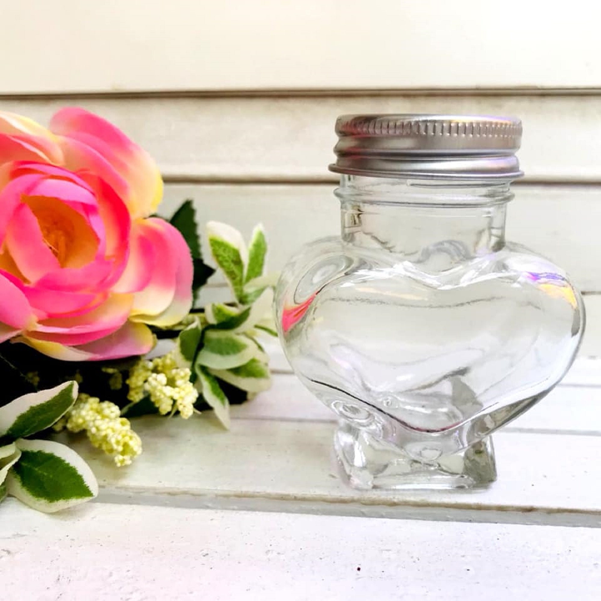 36 X Heart Shaped Glass Jar With Silver Lids 60ml Mini Glass Mason