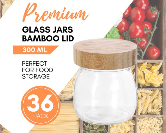 36 X ROUND GLASS JARS With Twist Lock Bamboo Lid 300ml Food 