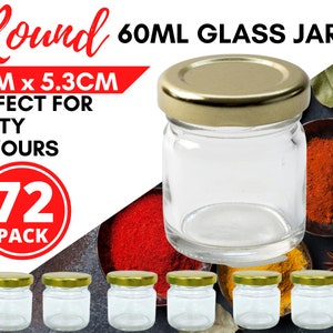 72 x Mini Glass Mason Jar with Gold Lids 60mL | Small Round Glass Jars for Honey Jam Spices Herbs Canning Party Wedding Favours Bomboniere