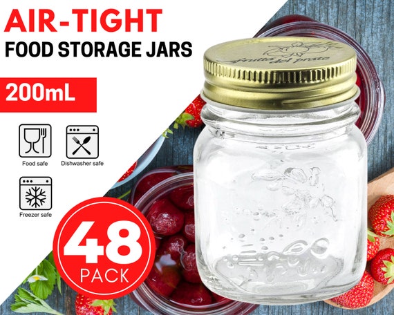 48 X SMALL GLASS MASON Jar 200ml Preserving Jars Food Storage Container  Conserve Pickling Spice Honey Kitchen Canister Party Wedding Favours 