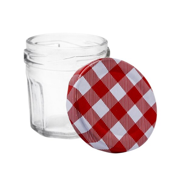 108 X Mini Glass Jam Jars With Red Gingham Lids 30ml Small Round