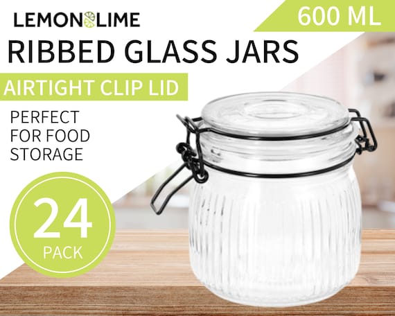 RIBBED GLASS JAR 24 Pack 600ml Clip Lock Lid Vintage Apothecary Food Storage  Cookie Canister Wedding Candy Buffet Cookie Jar 