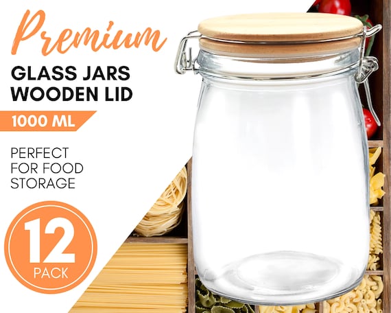 12 X Glass Food Storage Jar With Wooden Lid Airtight Sealing 