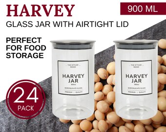 24 x HARVEY ROUND GLASS Jar Airtight Food Storage Container 900mL | Stackable Cylinder Kitchen Food Canister Metal Lid Silicone Sealing Ring