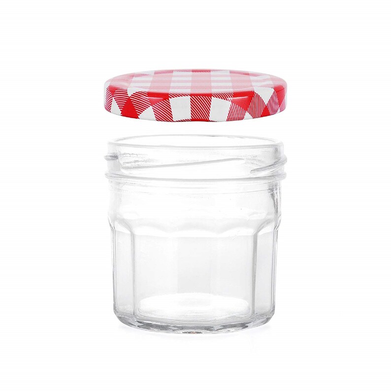 48 X Small Glass Jam Jars With Red Gingham Lids 100ml Mini Round Glass