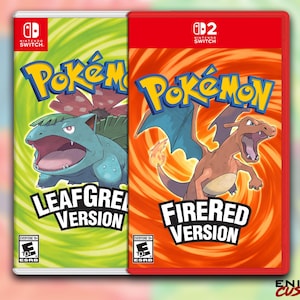 以下が含まれることがあります： 2つのNintendo Switchゲームケースが並んでいます。左側のケースは緑色で、青と緑の生き物と「LEAFGREEN VERSION」の文字があります。右側のケースは赤色で、オレンジ色の生き物と「FIRERED VERSION」の文字があります。両方のケースに「Pokémon」のロゴがあります。