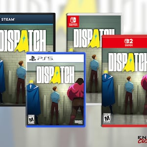 Könnte beinhalten: Videospielhüllen für Steam, Nintendo Switch und PS5 mit dem Titel "Dispatch". Die Illustration zeigt Figuren in einer öffentlichen Toilette, mit einer heldenhaften Figur. Die Hüllen sind in Schwarz, Rot und Blau gehalten, mit dem Spieltitel in Weiß.