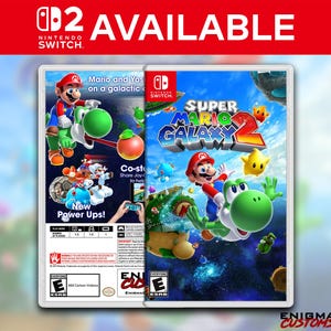 May include: A Nintendo Switch game case for "Super Mario Galaxy 2" featuring Mario and Yoshi in a space-themed setting. The case displays the game title, characters, and the ESRB rating. The text "2 AVAILABLE" is at the top.