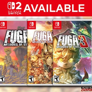 May include: Three Nintendo Switch game cases for "Fuga: Melodies of Steel" are displayed. The game cases feature colorful anime-style artwork and the text "Fuga" in a distressed font. The top banner reads "2 AVAILABLE" in red.