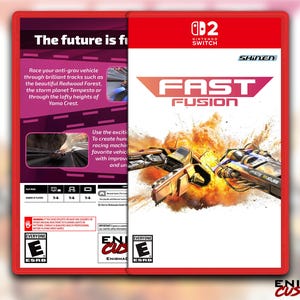 Puede incluir: Una caja de juego roja de Nintendo Switch para "Fast Fusion". La portada muestra vehículos futuristas en una explosión. La parte posterior incluye detalles del juego y una clasificación ESRB. El texto dice "The future is fu".