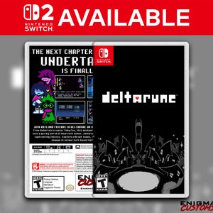 May include: A Nintendo Switch game case featuring the game "Deltarune". The cover art includes characters and text from the game, with the title prominently displayed. The case is black and white with red accents, and the ESRB rating is visible.