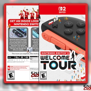 May include: A red and black Nintendo Switch 2 Welcome Tour game case. The case features a black controller with orange accents and the text "Nintendo Switch 2 Welcome Tour". The case also includes the ESRB rating and the Enigma Customs logo.