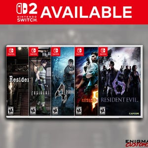 May include: A collection of five Nintendo Switch game cases featuring the "Resident Evil" series. The cases display various game covers with action-oriented imagery and the "M" rating. The top banner reads "2 AVAILABLE" in red.