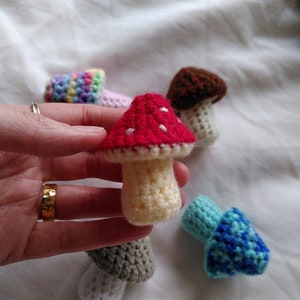 May include: A collection of crocheted mushroom toys in various colours, including red, white, blue, brown, and green. The mushrooms are all different sizes and shapes.