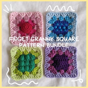 May include: Four colorful crochet granny squares in pink, blue, green, and purple. Each square features a unique central design and border. Text on the image reads "Fidget Granny Square Pattern Bundle."