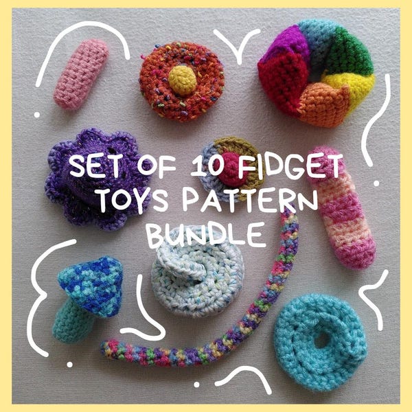 Set of 10 crochet fidget toy PATTERN BUNDLE- new updated version. Now available in English, Spanish, and German.