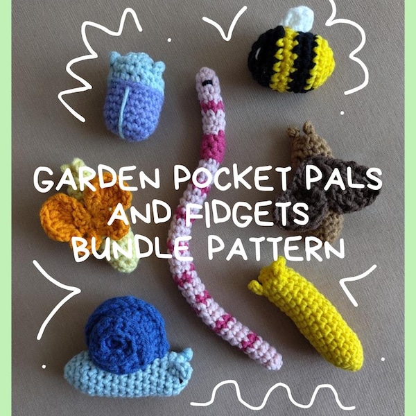 Garden Pocket Pals crochet pattern. Mini toys and fidgets, 7 bug friends to make