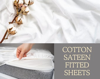 Cotton Sateen Fitted Sheet for any Bed Size, Fitted Queen Sheet, Oekotex Certified Cotton Fitted Bed Sheet