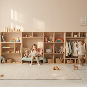 Kids Toy Storage Shelf & Reading Nook – Montessori Toy Rotation Shelf with Clothing Rack, Wooden Playroom Organizer for Toddlers