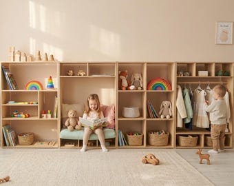 Kids Toy Storage Shelf & Reading Nook – Montessori Toy Rotation Shelf with Clothing Rack, Wooden Playroom Organizer for Toddlers