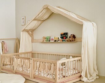 Roof Shaped Shelf With Canopy, Toddler Bed Canopy (The floor bed is not included)