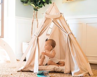 Personalizable Beige A-Frame Play Tent, Kids Teepee Tent