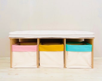 Banco de juguetes con asiento, banco de caja de juguetes, banco de almacenamiento de juguetes, banco Montessori, decoración de guardería, banco de juguetes multifuncional