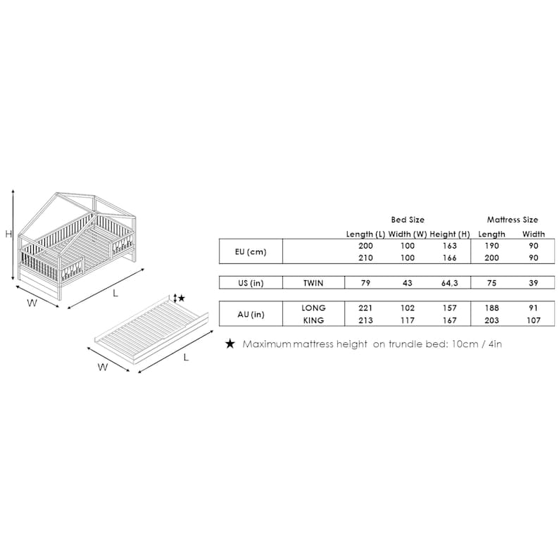 May include: Line drawing of a wooden bed frame with a house-shaped headboard. The bed frame is shown in two different sizes, with measurements in centimeters and inches. The text "Maximum mattress height on trundle bed: 10cm / 4in" is also included.