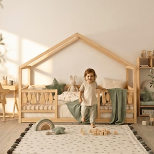 Montessori Floor Bed with Rails – Dream House Woodland Toddler House Bed with Flipping Trees | Kids Floor Bed Frame