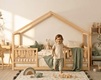 Montessori Floor Bed with Rails – Dream House Woodland Toddler House Bed with Flipping Trees | Kids Floor Bed Frame