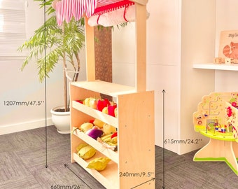 Wooden Toy Market Stall: Kids Role Play Shop Puppet Stand