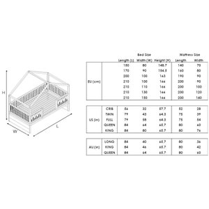 May include: Line drawing of a house-shaped bed frame with dimensions labeled in inches and centimeters. The drawing shows the bed frame with a headboard, footboard, and side rails. The bed frame is shown in a top-down view. The drawing also includes a table with bed sizes and mattress sizes in inches and centimeters.