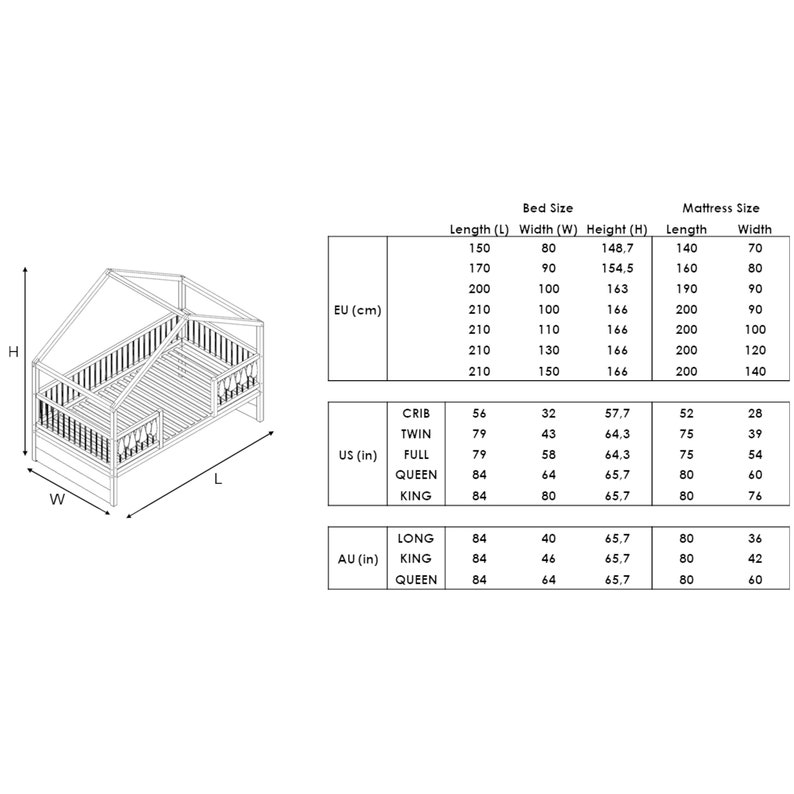 May include: Line drawing of a house-shaped bed frame with dimensions labeled in inches and centimeters. The drawing shows the bed frame with a headboard, footboard, and side rails. The bed frame is shown in a top-down view. The drawing also includes a table with bed sizes and mattress sizes in inches and centimeters.