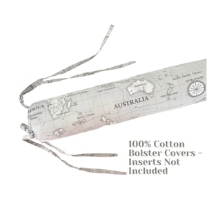 May include: A gray and white bolster pillow cover with a world map design. The cover features a map of Australia and the text "AUSTRALIA" in large letters. The cover is made of 100% cotton and includes ties for attaching it to a bolster pillow. The text "100% Cotton Bolster Covers - Inserts Not Included" is printed below the pillow.