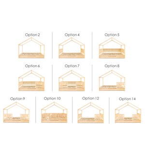 May include: A set of ten different wooden bed frame options, each with a house-shaped headboard and footboard. The frames are all made of natural wood and have a simple, modern design.