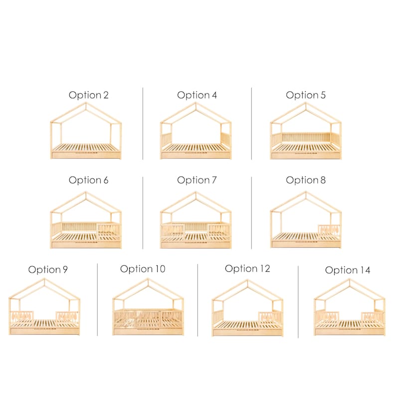 May include: A set of ten different wooden bed frame options, each with a house-shaped headboard and footboard. The frames are all made of natural wood and have a simple, modern design.